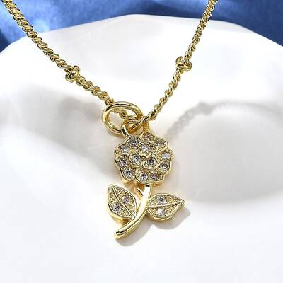 Brass Micro Pave Clear Cubic Zirconia Flower Pendant Necklaces for Women