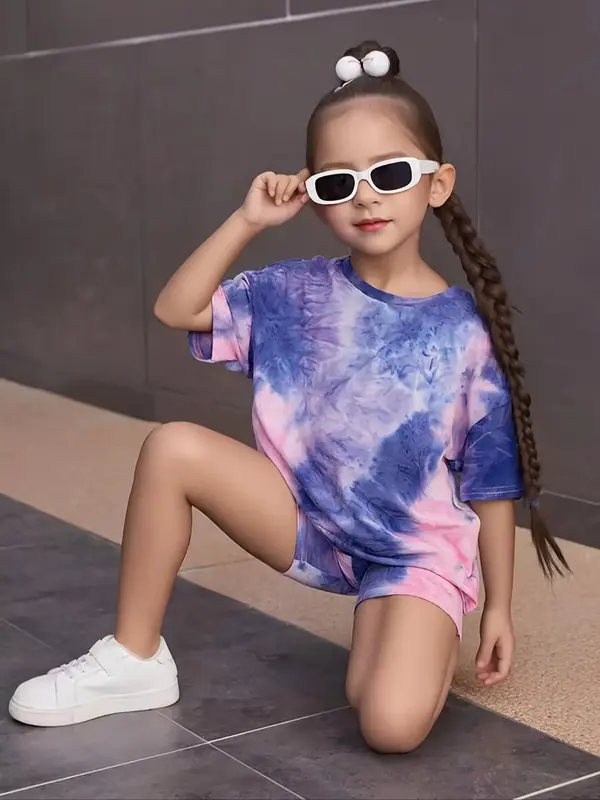 Girl's Tie Dye Print Short Sleeve Tee & Shorts Two-piece Set, Casual Fashion Cozy Round Neck T-shirt & Shorts for Daily Outdo...