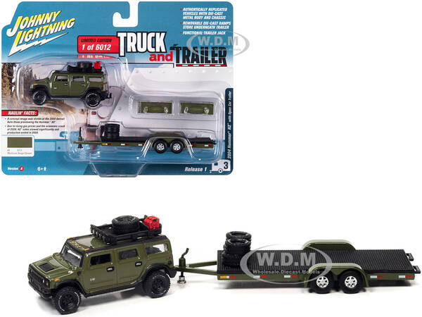 2004 Hummer H2 Medium Sage Green with Open Trailer Limited Edition to 6012 pieces Worldwide \