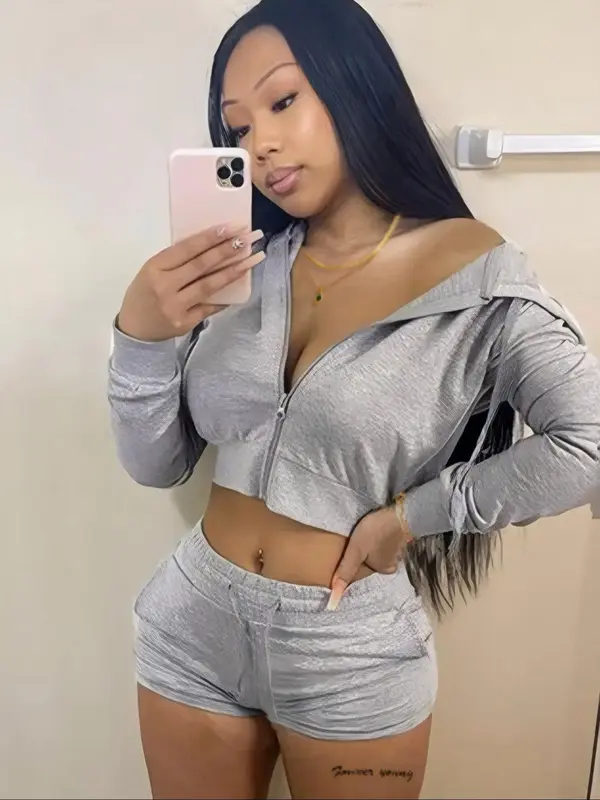 Two-piece Set Women's Solid Zip Up Crop Hoodie & Drawstring Waist Shorts Set, Long Sleeve Crop Top & Pocket Track Shorts, Two...