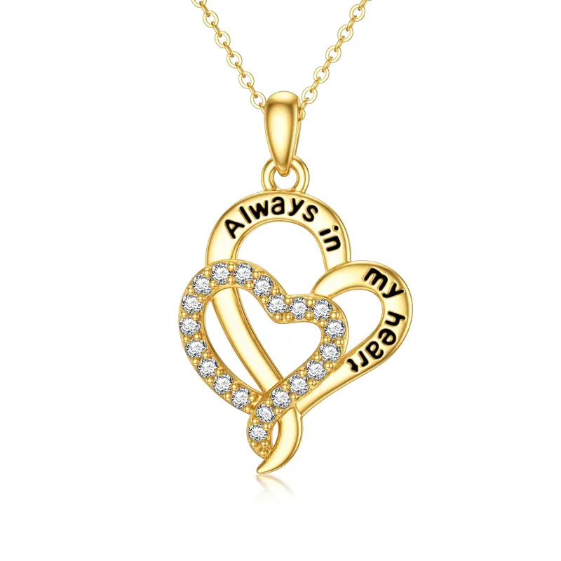14K Gold Cubic Zirconia Heart With Heart Pendant Necklace with Engraved Word