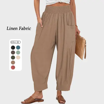 TARSE Women Linen Boho Wide Leg Pants Casual Loose Fit High Waist Cargo Harem Work Pants Beach Baggy Travel Fall Outfits Barr...