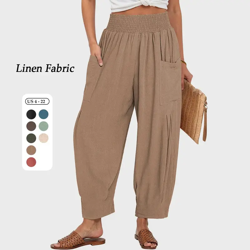 TARSE Women Linen Boho Wide Leg Pants Casual Loose Fit High Waist Cargo Harem Work Pants Beach Baggy Travel Fall Outfits Barr...