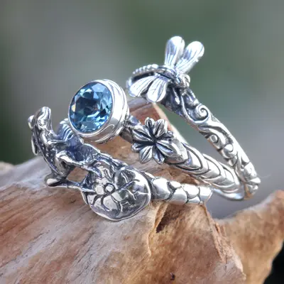 NOVICA Garden of Eden Dragonfly and Frog on Silver Blue Topaz Stacking Rings (3) - 8