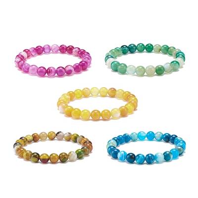 Natural Agate Round Beaded Stretch Bracelet