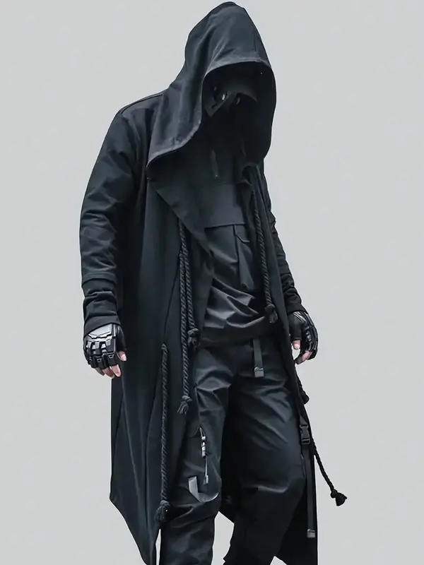 Men's Casual Hooded Cloak Coat, Open Front Warm Long Cardigan Outwear With Pocket, Gothic Style Punk Long Jacket Thobe