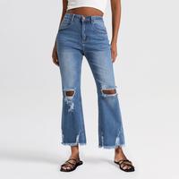 New stretch wide-leg jeans tassel washed jeans straight casual women's pants
