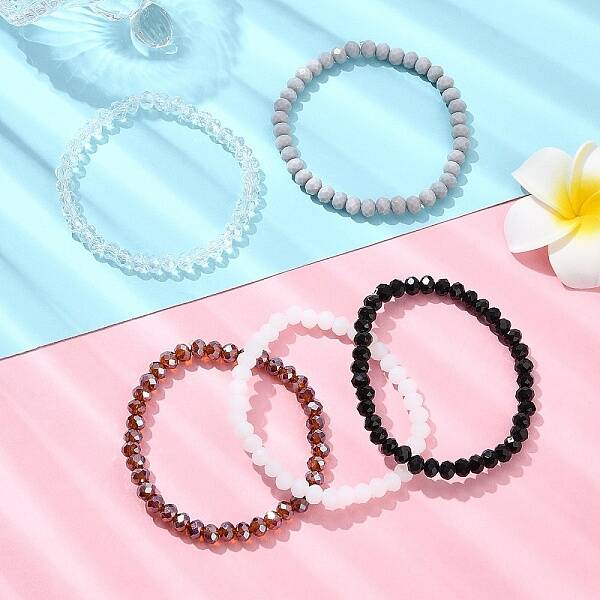5Pcs 5 Styles Faceted Rondelle Glass Beaded Stretch Bracelet Sets