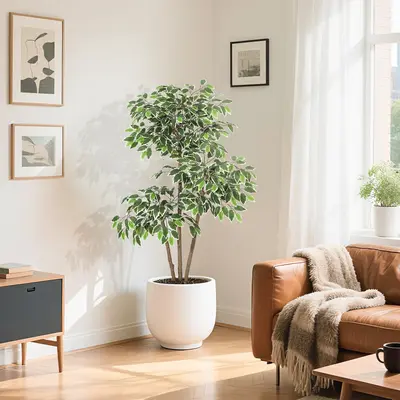 Garvee 5ft Artificial Ficus Tree, Tall Faux Floor Plant with White Tall Planter, Indoor Fake Plants with 3 Natural Trunks & W...