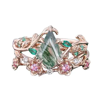 Sterling Silver with Rose Gold Plated Pear Cut Flower Of Life Moss Agate Bridal Set