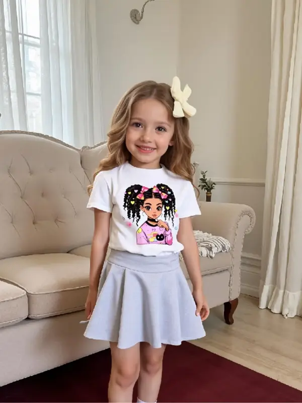 Toddler Girl's Cartoon Print Round Neck Tee, Fashion Casual Crew Neck T-Shirt for Daily Outdoor Wear, Toddler Girls Top for S...