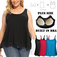 Women Built-In Bra Cami Lace Vest Top Pleated Loose Fit Flared Hem Swing Style Plus Size Sleeveless Plain Tank for Everyday W...