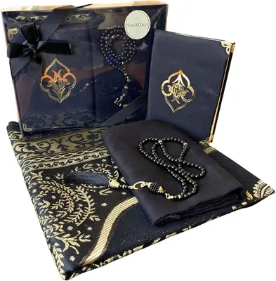 Muslim Prayer Rug Set - 4 in One Islamic Gifts Set, Prayer Mat, Prayer Beads, Hijab, Surahs Book,Eid Gifts