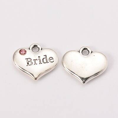 Wedding Theme Antique Silver Tone Tibetan Style Heart with Bride Rhinestone Charms