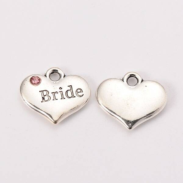 Wedding Theme Antique Silver Tone Tibetan Style Heart with Bride Rhinestone Charms