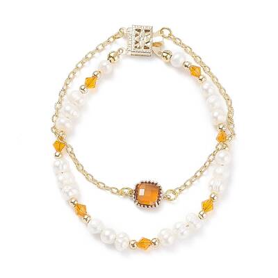 Natural Pearl & Glass Beaded Multi-strand Bracelet with Brass Cable Chains for Women