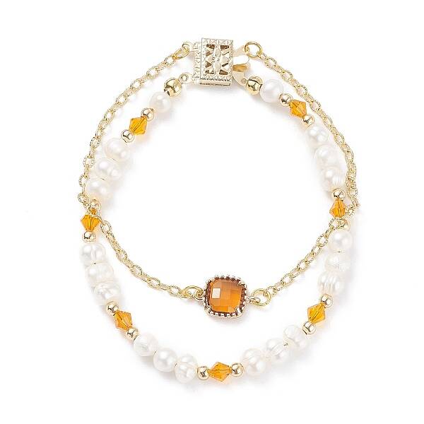 Natural Pearl & Glass Beaded Multi-strand Bracelet with Brass Cable Chains for Women