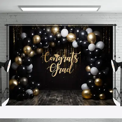 Classic Black Gold Balloon Congrats Grad Backdrop - Aperturee