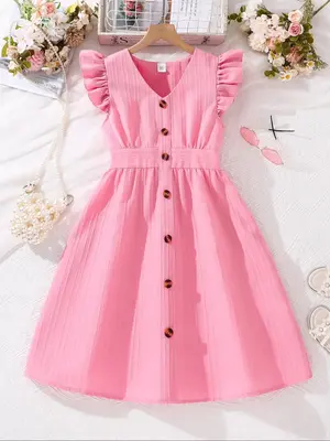 Toddler Girl's Plain Butterfly Sleeve Button Front Dress, Casual Cute V Neck Dress for Summer, Kids Clothes for Daily Wear