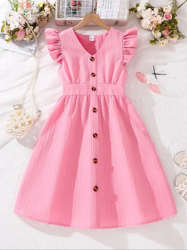 Toddler Girl's Plain Butterfly Sleeve Button Front Dress, Casual Cute V Neck Dress for Summer, Kids Clothes for Daily Wear