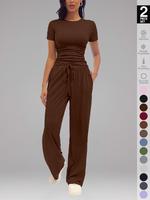 Women's Solid Color Round Neck Tee & Flare Leg Pants Loungewear, Casual Comfy Pyjama Set for Women, Women's Sleepwear for All...