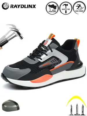 Men's Patchwork Lace Up Low Top Safety Shoes, New Style Breathable Comfortable Anti-slip Work Shoes, Non-slip Anti-smash and ...