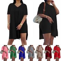 Difanlv Women Plus Size 2 Piece Outfits Short Sleeve Tunic Tops and Skinny Biker Shorts Sets Tracksuits Womenswear Bodycon,Co...