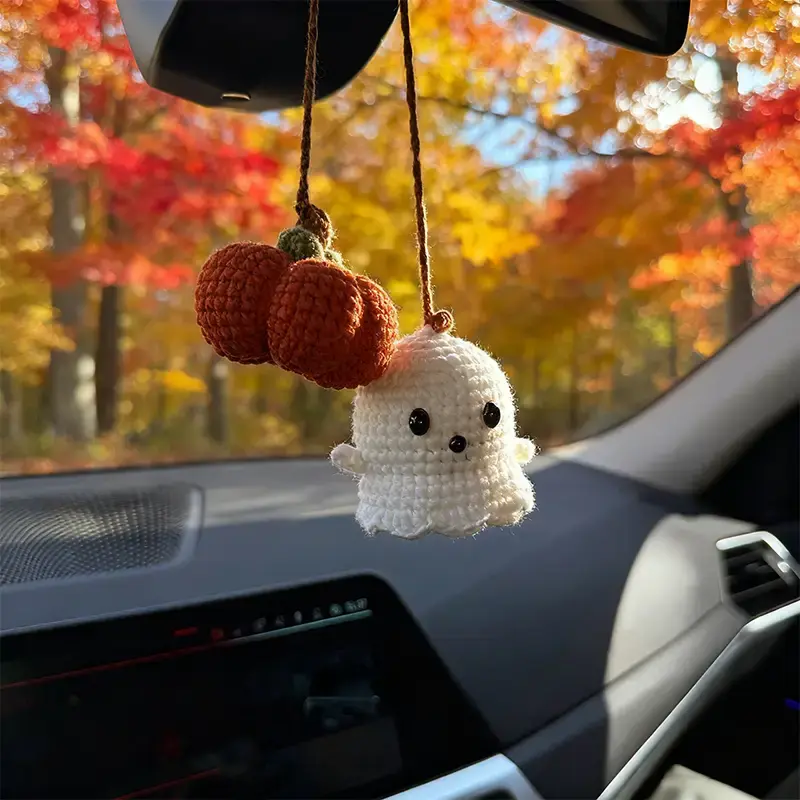 Crochet Ghost & Pumpkin Rear View Mirror Hanging Car Charm Handmade Cute Halloween Fall Spooky Season Ornament Amigurumi