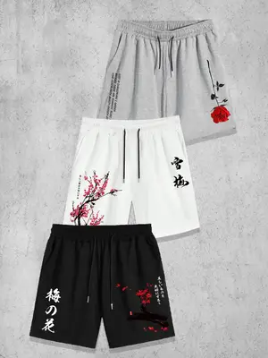 Men's Floral & Letter Print Drawstring Waist Shorts, Casual Loose Pocket Track Shorts for Daily Wear, Men's Bottoms for All S...
