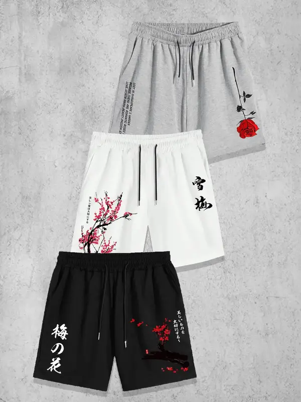 Men's Floral & Letter Print Drawstring Waist Shorts, Casual Loose Pocket Track Shorts for Daily Wear, Men's Bottoms for All S...