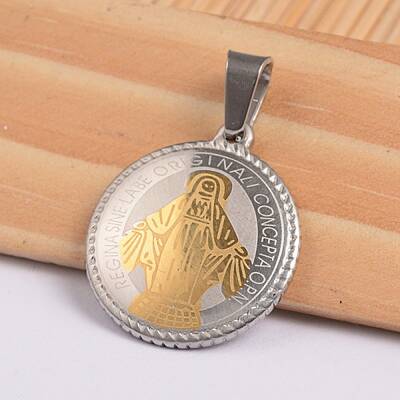 Flat Round with Virgin Mary & Word 304 Stainless Steel Pendants
