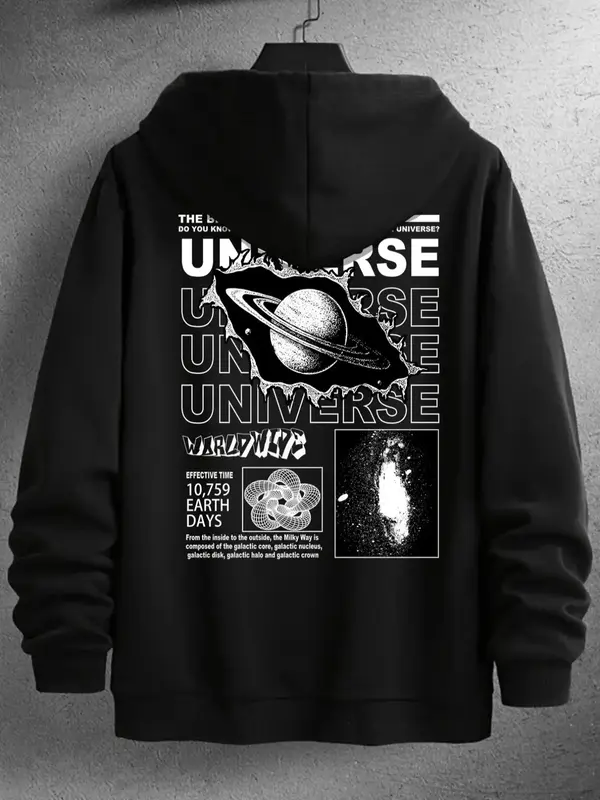 Unisex Men's Planet & Letter Print Drawstring Pocket Drop Shoulder Hoodie, Loose Casual Soft Graphic Hooded Long Sleeve Tops ...