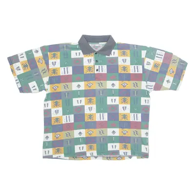 Aztec Mens Polo Shirt Blue 90s Crazy Pattern L