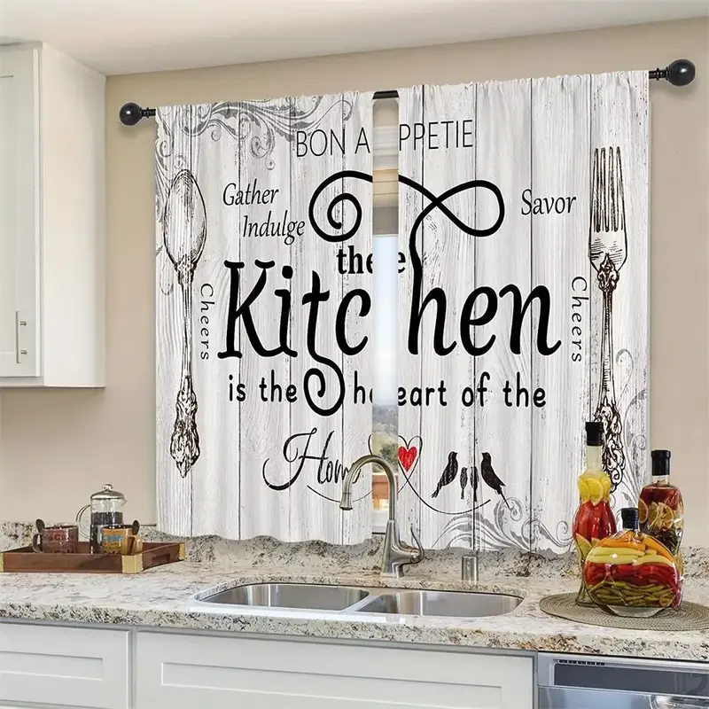 Letter & Cookware Print Kitchen Curtain Set, 1 Pair Vintage Printed Window Curtain, Window Drape for Home Kitchen Farmhouse