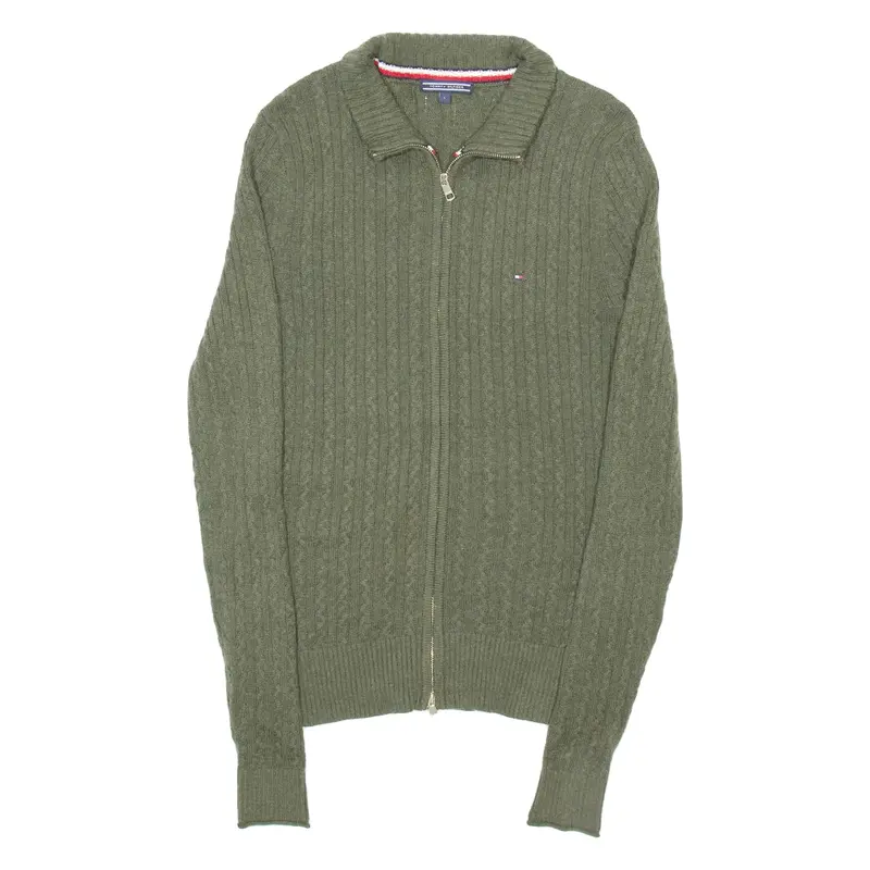 TOMMY HILFIGER Womens Cardigan Green Plaid High Neck Cable Knit Wool L