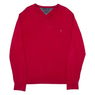 TOMMY HILFIGER Mens Jumper Red V-Neck Tight Knit XL