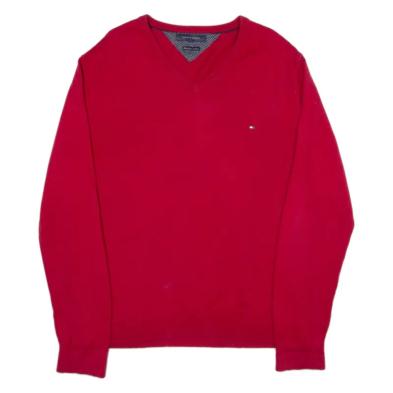 TOMMY HILFIGER Mens Jumper Red V-Neck Tight Knit XL