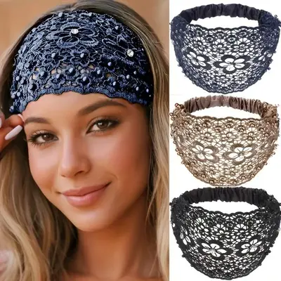 【Buy 1 Get 1 Free Gift】3pcs Set Boho-chic Crystal & Pearl Embellished Wide Headbands for Women – Luxury Hair Accessorie...