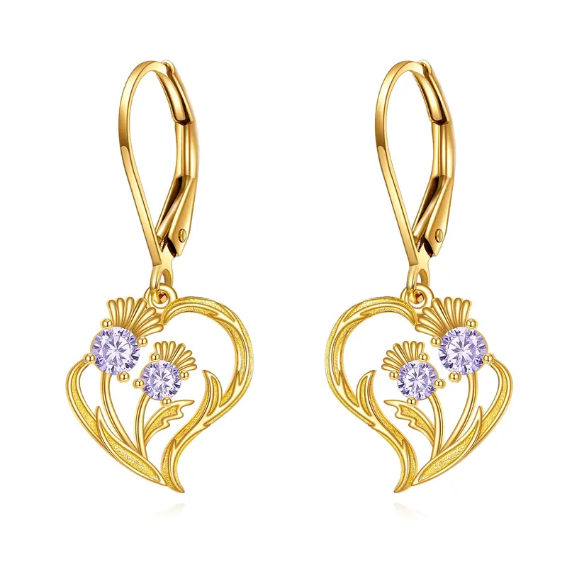 14K Gold Cubic Zirconia Thistle Drop Earrings