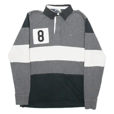 TOMMY HILFIGER Mens Polo Shirt Grey Striped Long Sleeve S