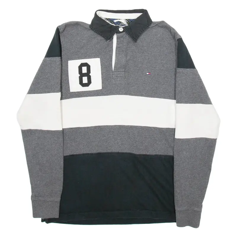 TOMMY HILFIGER Mens Polo Shirt Grey Striped Long Sleeve S