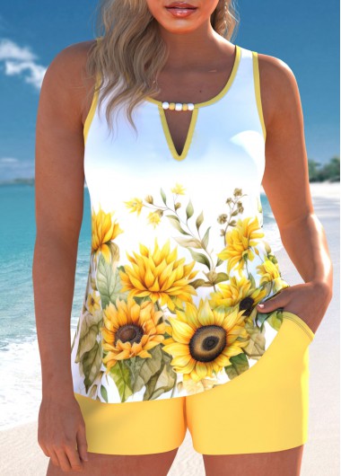 Modlily Cut Out Floral Print Light Yellow Tankini Set - S