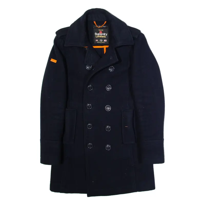 SUPERDRY Mens Overcoat Jacket Blue Wool S
