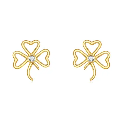 14K Gold Circular Shaped Cubic Zirconia Shamrock Stud Earrings