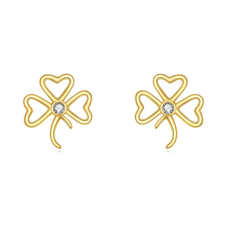 14K Gold Circular Shaped Cubic Zirconia Shamrock Stud Earrings