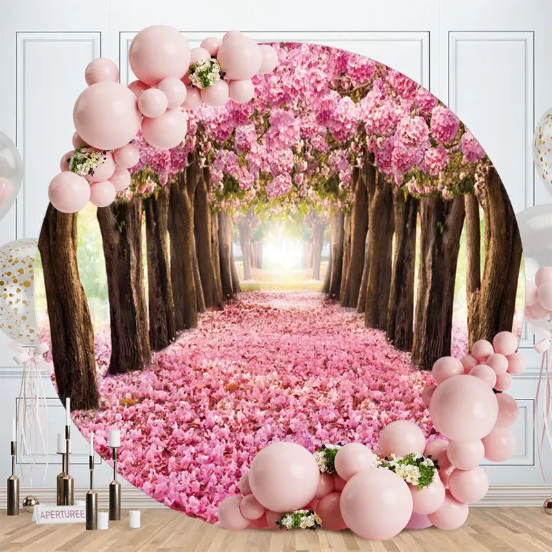 Aperturee Circle Pink Floral Road Spring Backdrop For Decoration