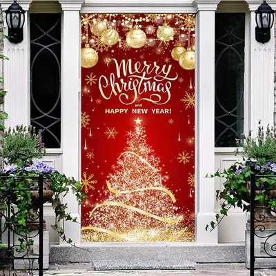 Aperturee Red Gold Merry Chirstmas Happy New Year Door Cover | Holiday Door Covers | Grinch Garage Door Cover | Unique Christ...