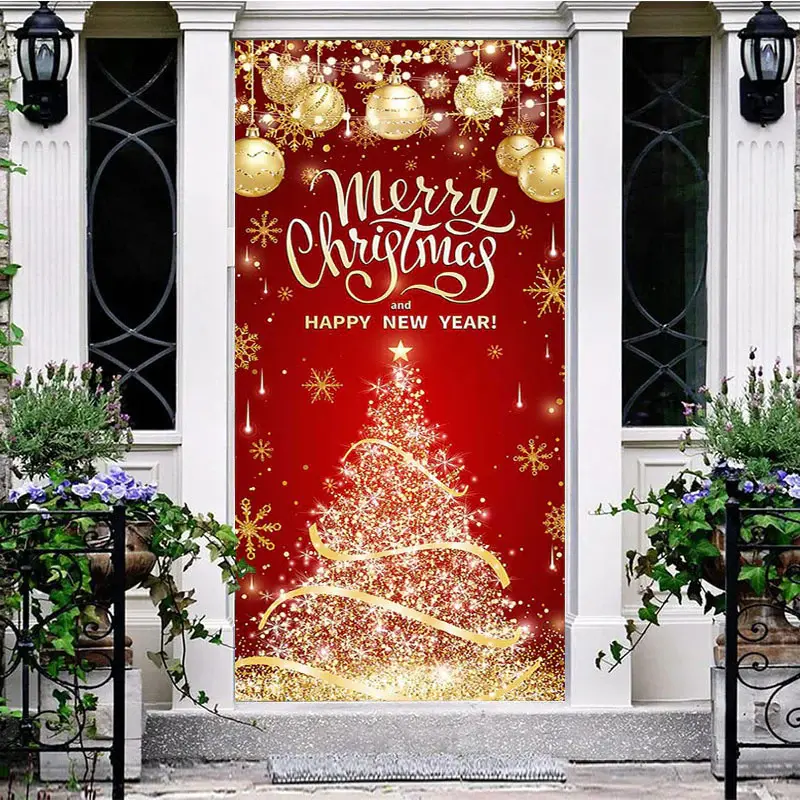 Aperturee Red Gold Merry Chirstmas Happy New Year Door Cover | Holiday Door Covers | Grinch Garage Door Cover | Unique Christ...