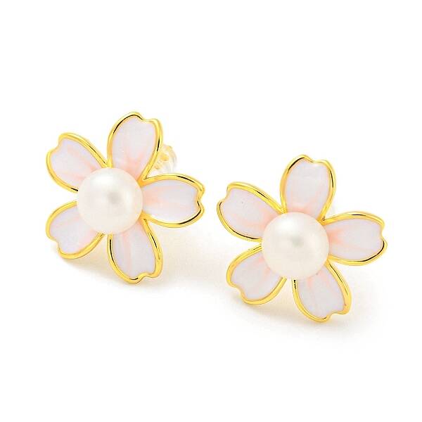 Brass Flower Stud Earrings with Natural Pearl