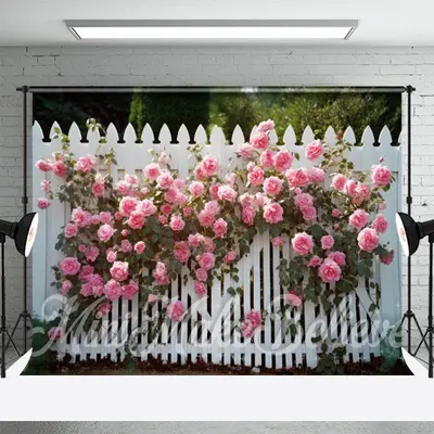 White Fence Pink Flowers Garden Backdrop For Photo - Aperturee